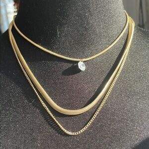 Chico’s Elegant Three Strand Gold Necklace Set with Crystal Pendant